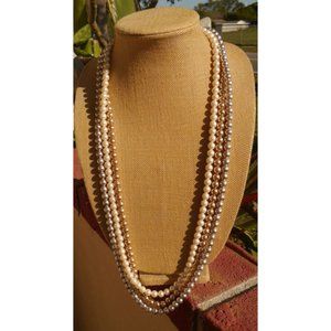 Monet Necklace Faux Pearl Gray Cream Champagne Triple Strand Ornate Box Clasp